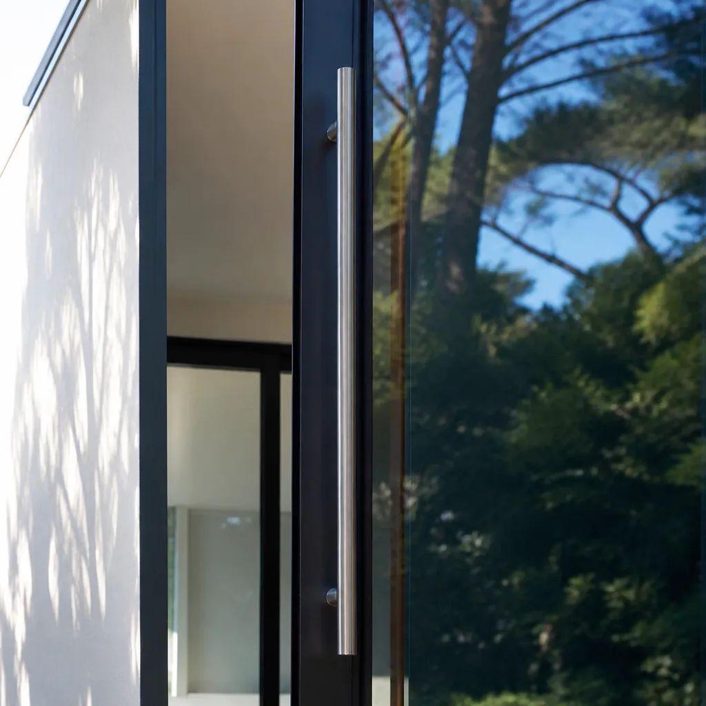 Modern glass door with stainless steel handle after professional installation