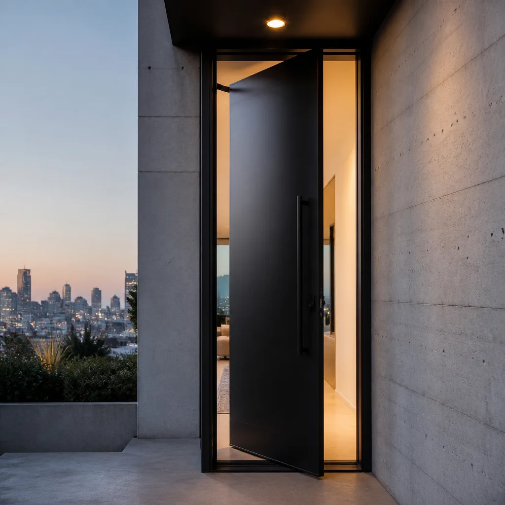 Modern matte black architectural front door installation at dusk