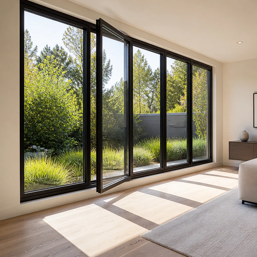 Modern floor-to-ceiling black frame patio doors overlooking a lush garden